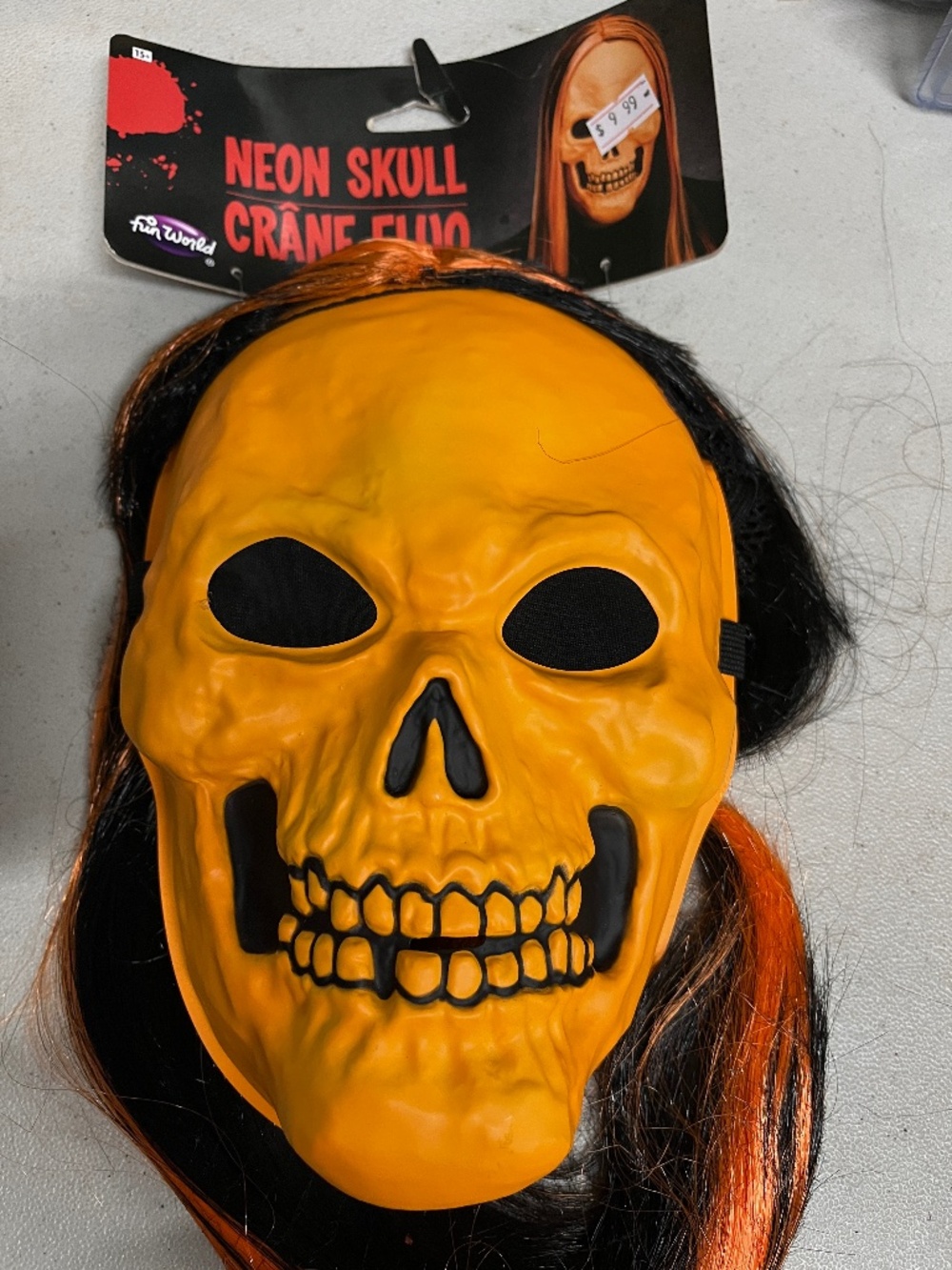 Halloween Skull Mask with Black and Neon Orange Hair NWT